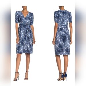 Eliza J Polka Dot Faux Wrap Dress | Size 10P | Navy Blue Printed Midi